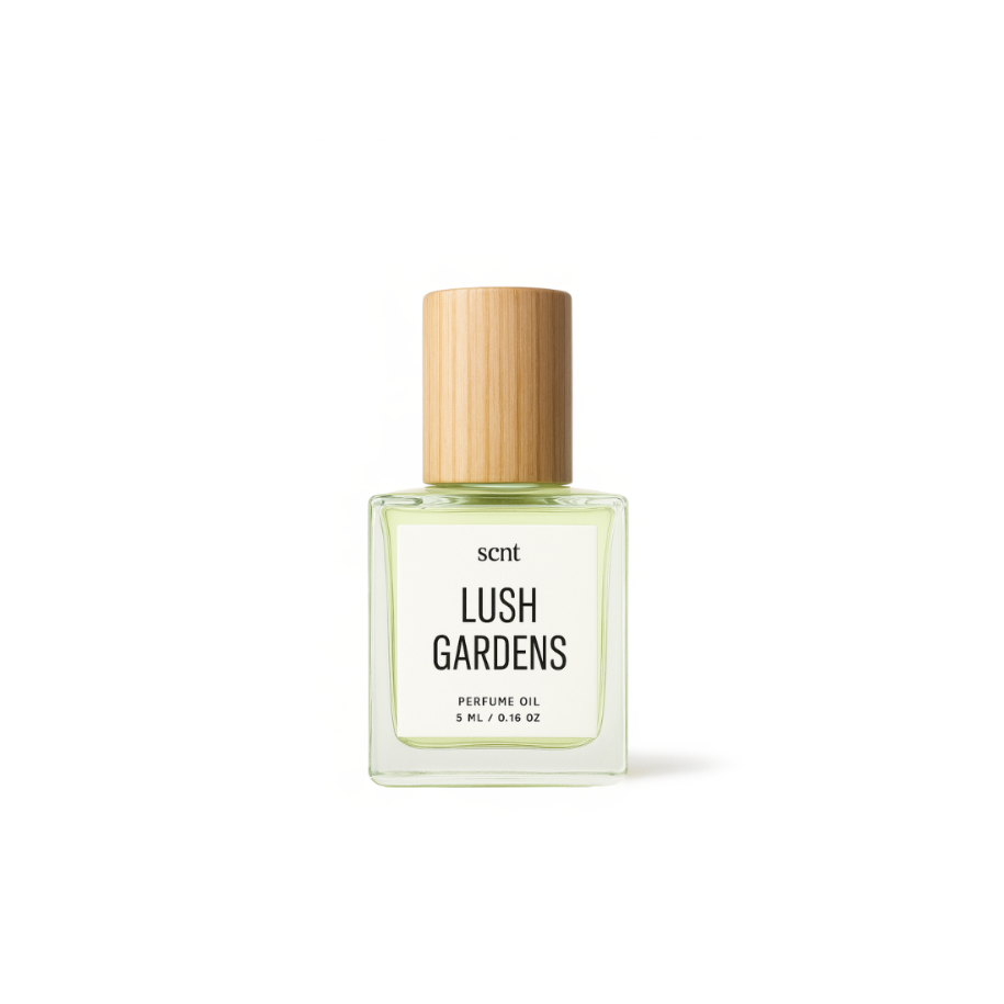 Perfume bottle labeled 'Lush Gardens' with a wooden cap on a white background